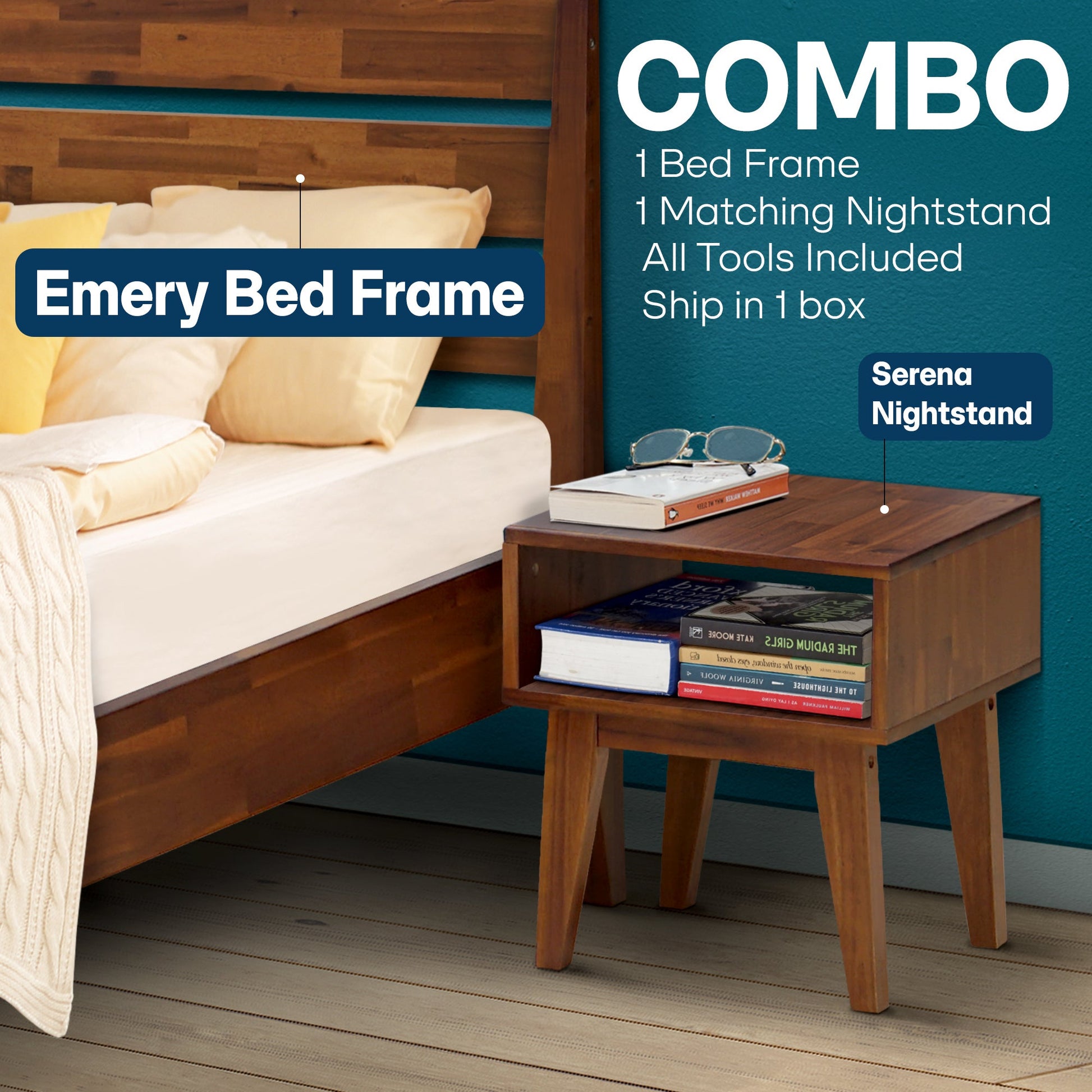 [Buy 1 Get 1] Emery Solid Wood Bed Frame & Nightstand - - Bedroom Set
