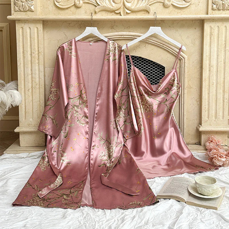 Printed Ice Silk Sling Nightgown - Pink Cherry L - nightgown