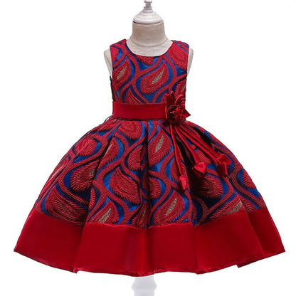 Baby Girls Flower Striped Dress Dark Red 7T