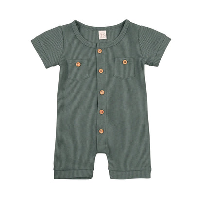 Solid Color Short Sleeve Round Neck Button Baby Playsuit Kia Day Design