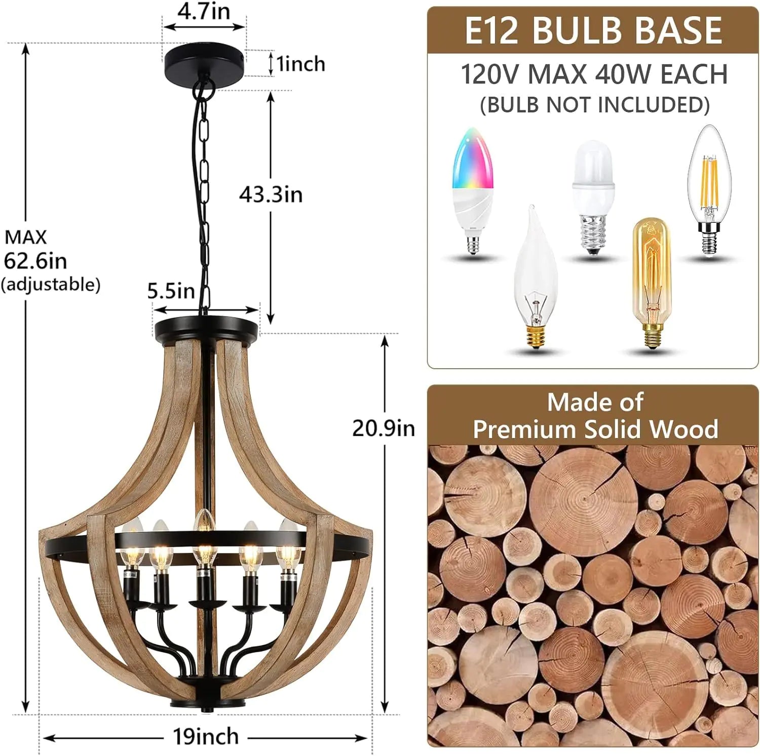 Solid Wood Height Adjustable Ceiling Light - Kia Day Design