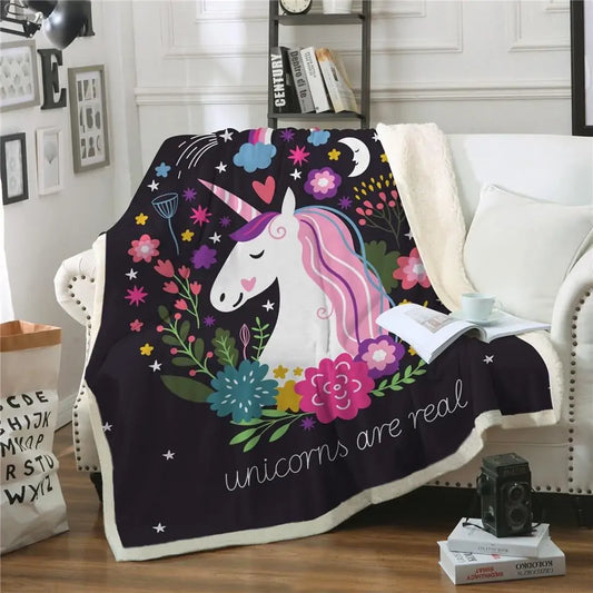 Cute Unicorn Floral Sherpa Fleece Throw Blanket