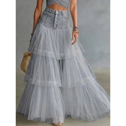 Women's Denim Waist Layered Mesh Maxi Skirt – A-Line Tulle Swing Skirt- FitiqueFit- {{Product type}}