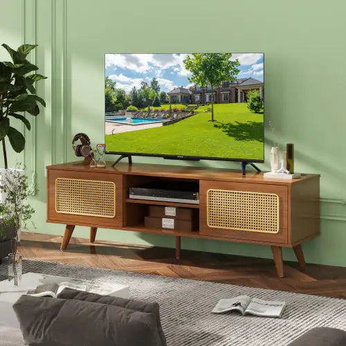 Mid Century Modern Rattan TV Stand Entertainment Cabinet - Kia Day Design