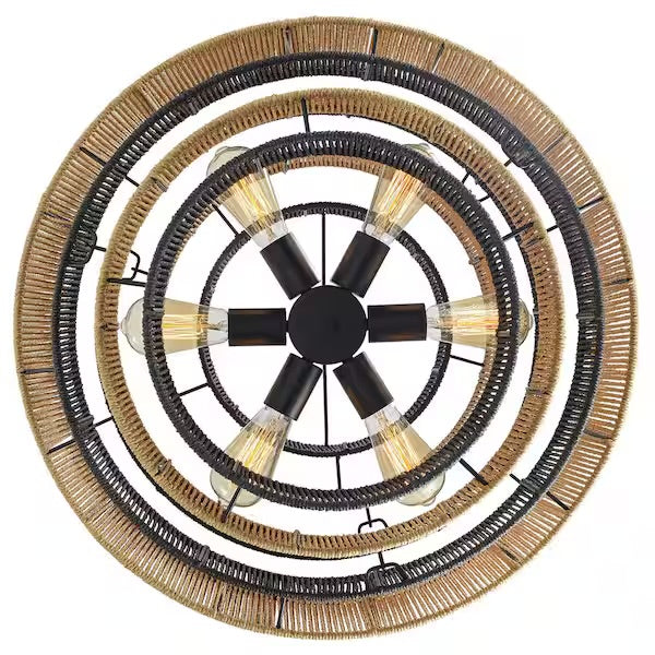 Open Box Prime Ray Luster Boho 24 in. 6-Light 7-Tier Hand Woven Rattan Pendant Chandelier Light with Large Shade and Black Finish - - Open Box Prime Ray Luster Boho 24 in. 6-Light 7-Tier Hand Woven Rattan Pendant Chandelier Light with Large Shade and Black Finish