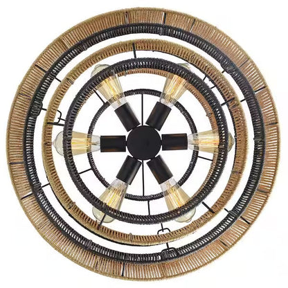 Open Box Prime Ray Luster Boho 24 in. 6-Light 7-Tier Hand Woven Rattan Pendant Chandelier Light with Large Shade and Black Finish - - Open Box Prime Ray Luster Boho 24 in. 6-Light 7-Tier Hand Woven Rattan Pendant Chandelier Light with Large Shade and Black Finish