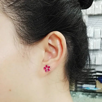S925 Silver Ruby Floral Stud Earrings for Women