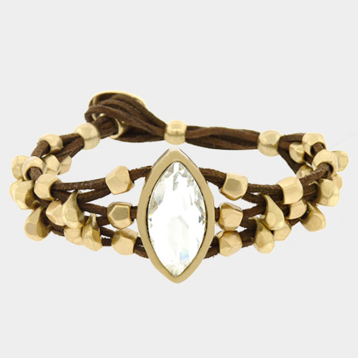 Crystal Accented Chunky Metal Bead Suede Bracelet - Brown, Matte gold - Bracelets