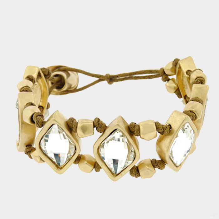 Triple Crystal Chunky Metal Bead Suede Bracelet - Worn Gold - Bracelets