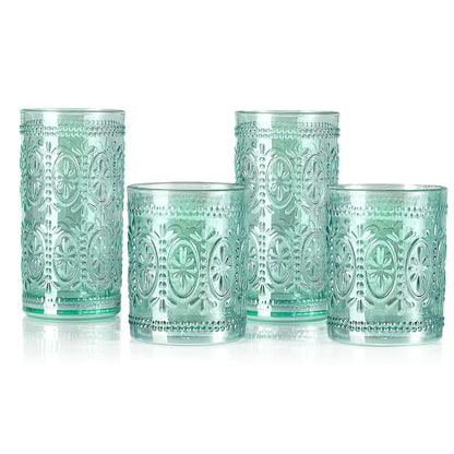Green Glassware Set of 4 Vintage Drinking Glasses Colored Glassware Drinking Highball Embossed Beverage Glasses Cup for Party Wedding Home Office and Gift (2pcs12oz+2pcs10oz） Kia Day Design