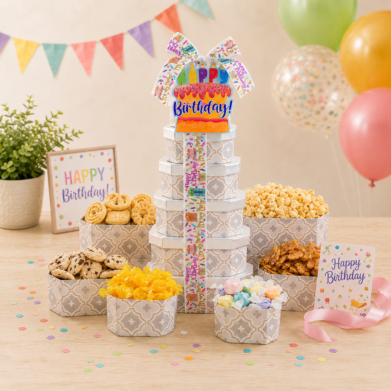 Happy Birthday Gift Tower of Treats- Alder Creek Gift Baskets- {{Product type}}