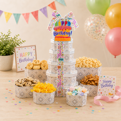 Happy Birthday Gift Tower of Treats- Alder Creek Gift Baskets- {{Product type}}