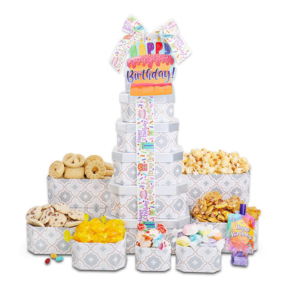 Happy Birthday Gift Tower of Treats- Alder Creek Gift Baskets- {{Product type}}