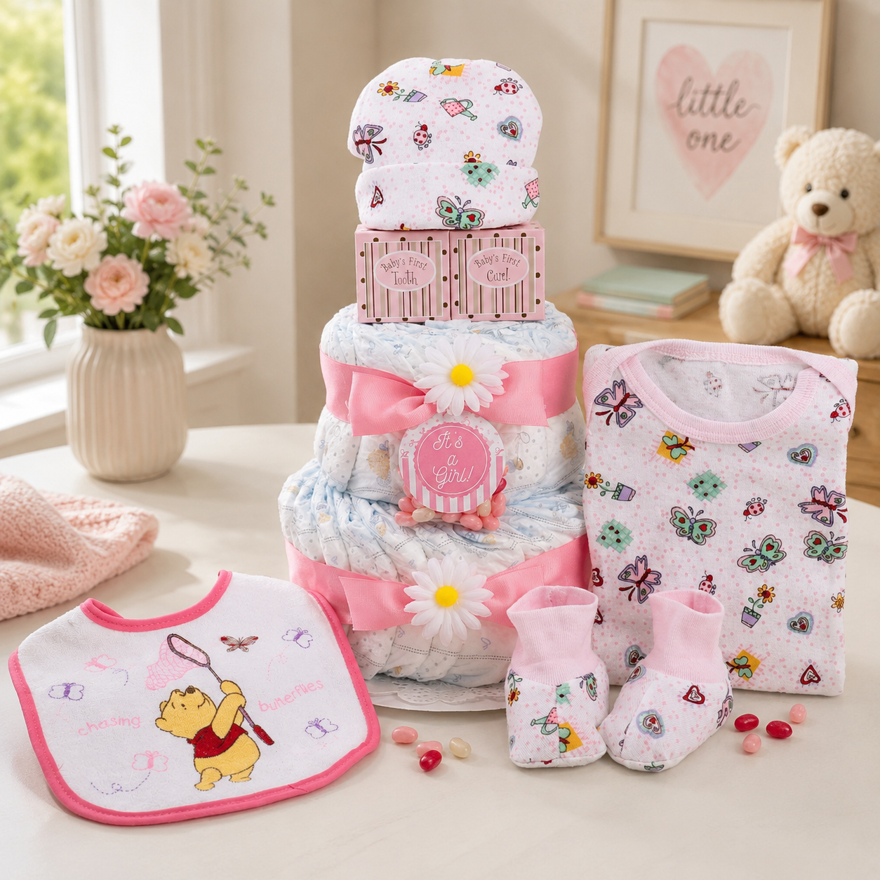 Sweet Baby Girl Diaper Cake Gift Baskeet - - Gift Baskets