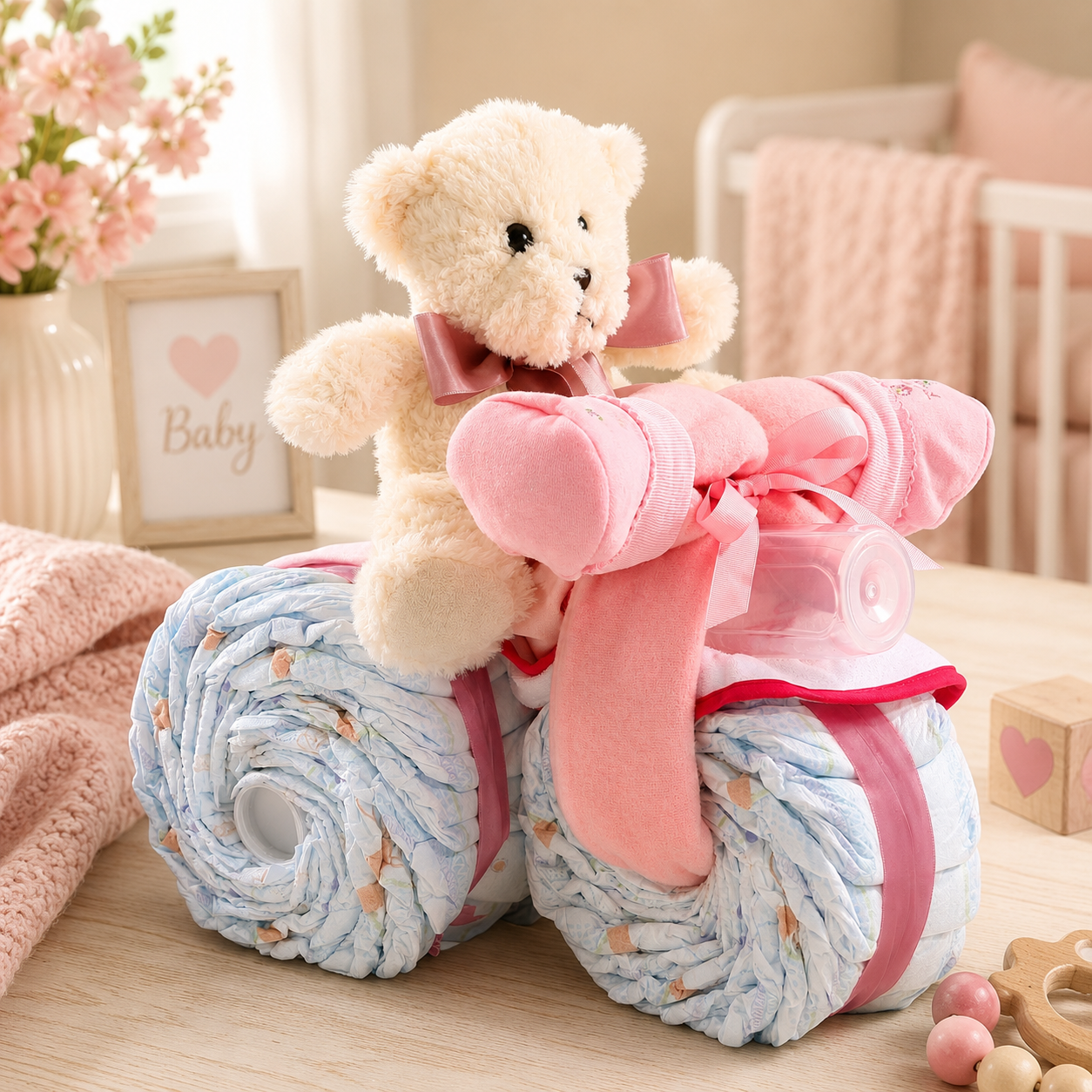 Pink Tricycle Diaper Cake Gift Basket - - Gift Baskets
