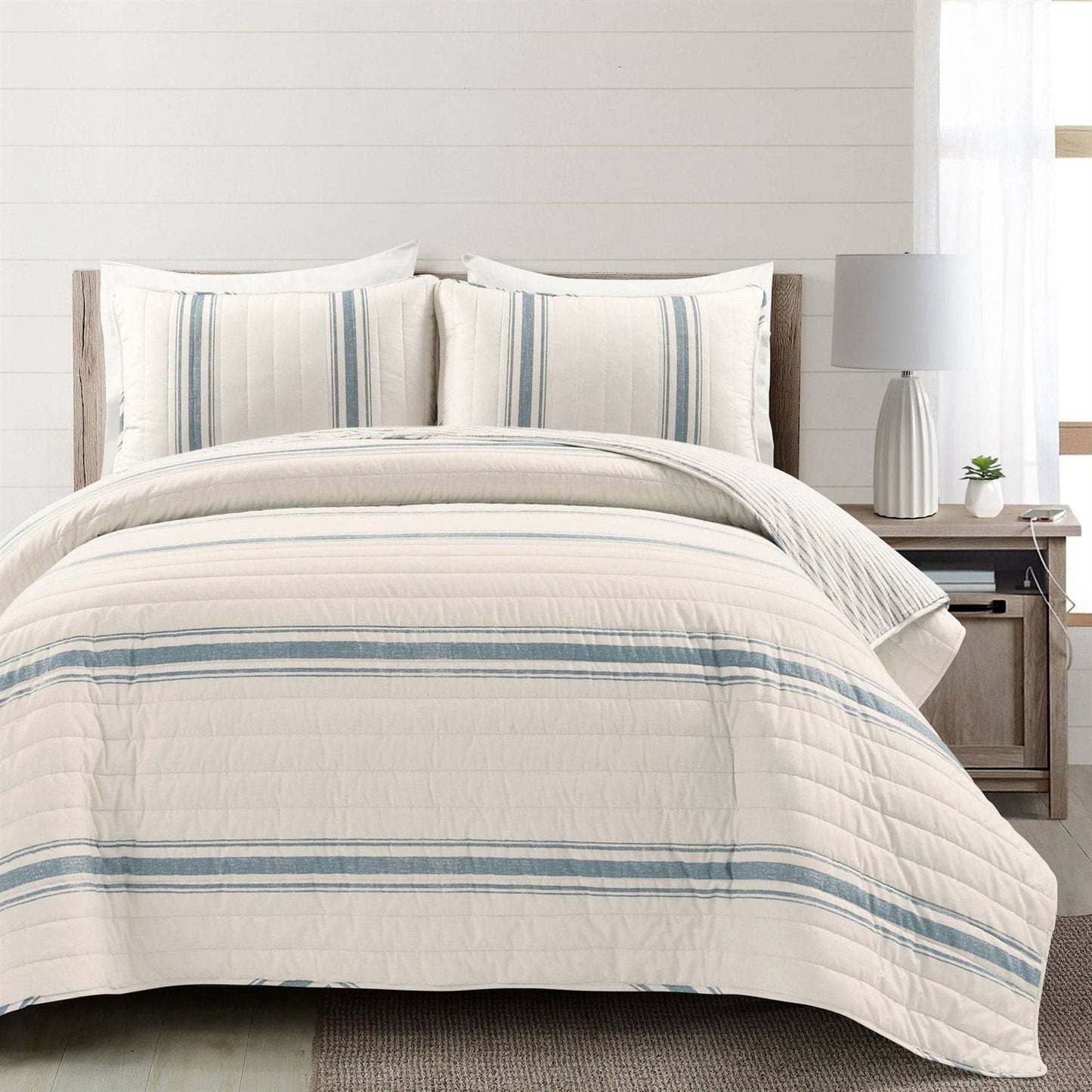 Full/Queen Blue Off-White Stripe 3 Piece Reversible Cotton Quilt Set - - Bedroom > Quilts & Blankets