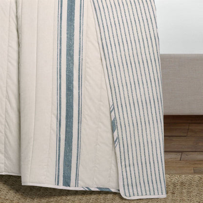 Full/Queen Blue Off-White Stripe 3 Piece Reversible Cotton Quilt Set - - Bedroom > Quilts & Blankets