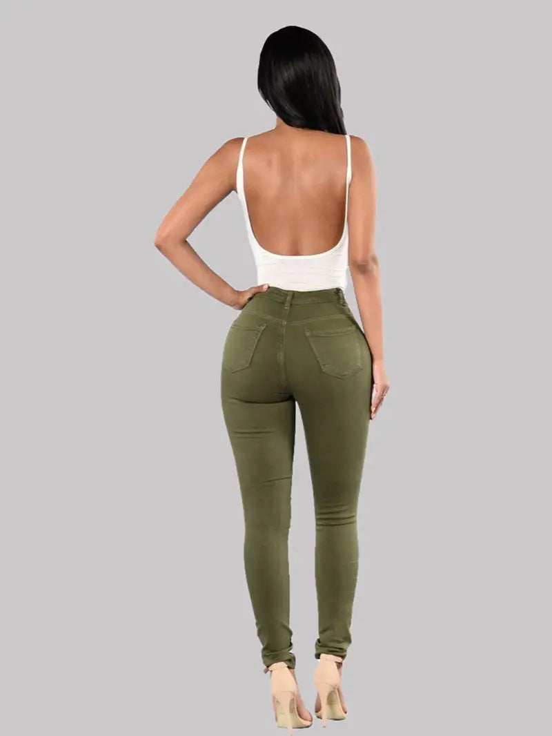 High-Rise Distressed Skinny Jeans in Burgundy & Olive Kia Day Design