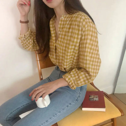 Loose Checkered Button-Up Long Sleeve Shirt - Kia Day Design