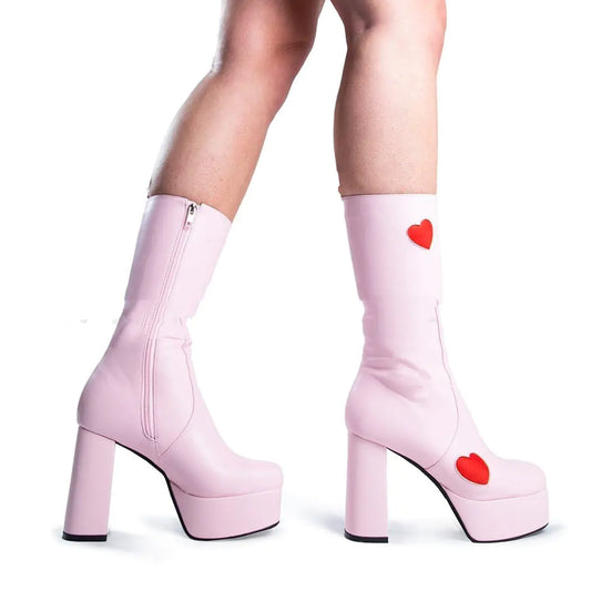Women's Heart Zip Chunky Heel Mid Boots Kia Day Design