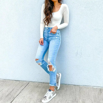 High-Waisted White Washed Denim Pants - Kia Day Design