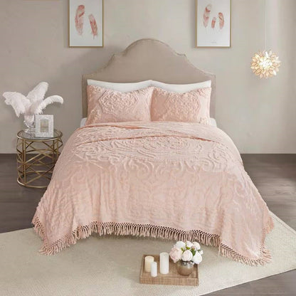 Full/Queen 100-Percent Cotton Chenille Bedspread with Fringe Hem in Pink Blush- HomePacific- {{Product type}}