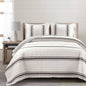 Full/Queen Black Off-White Cream Stripe Reversible Cotton 3-Piece Quilt Set - - Bedroom > Quilts & Blankets