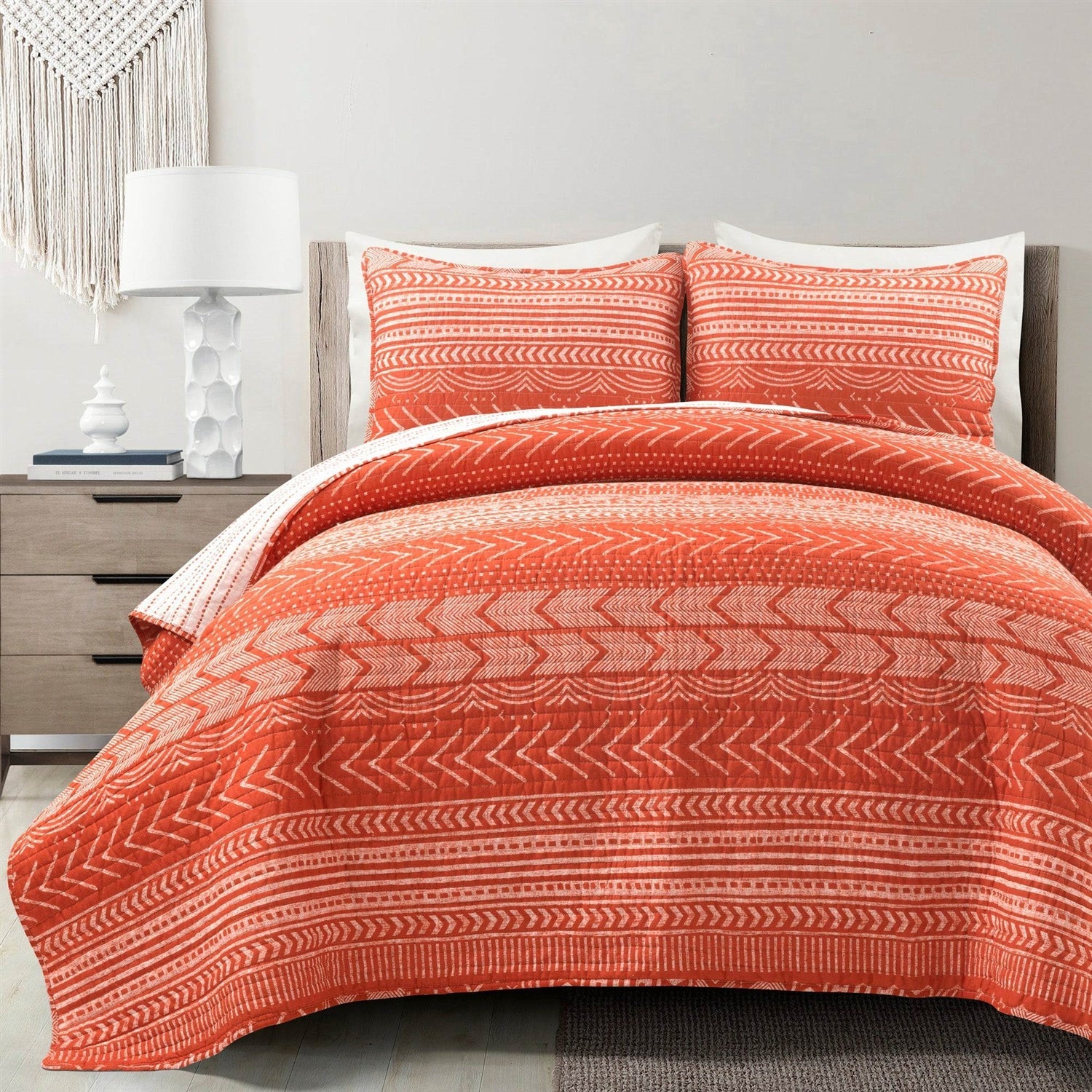 Full/Queen Scandinavian Chevron Orange White Stripe Reversible Cotton Quilt Set - - Bedroom > Quilts & Blankets