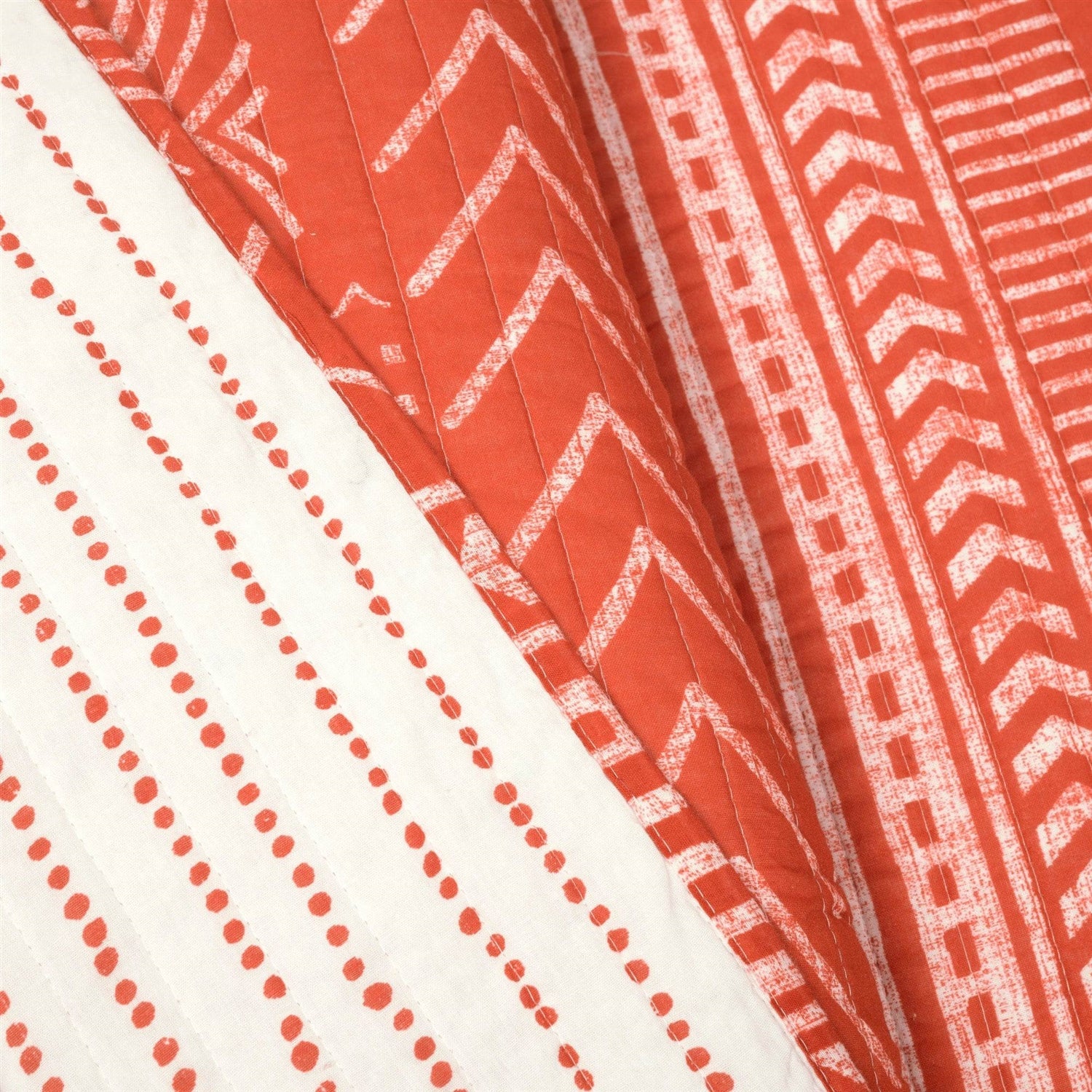 Full/Queen Scandinavian Chevron Orange White Stripe Reversible Cotton Quilt Set - - Bedroom > Quilts & Blankets