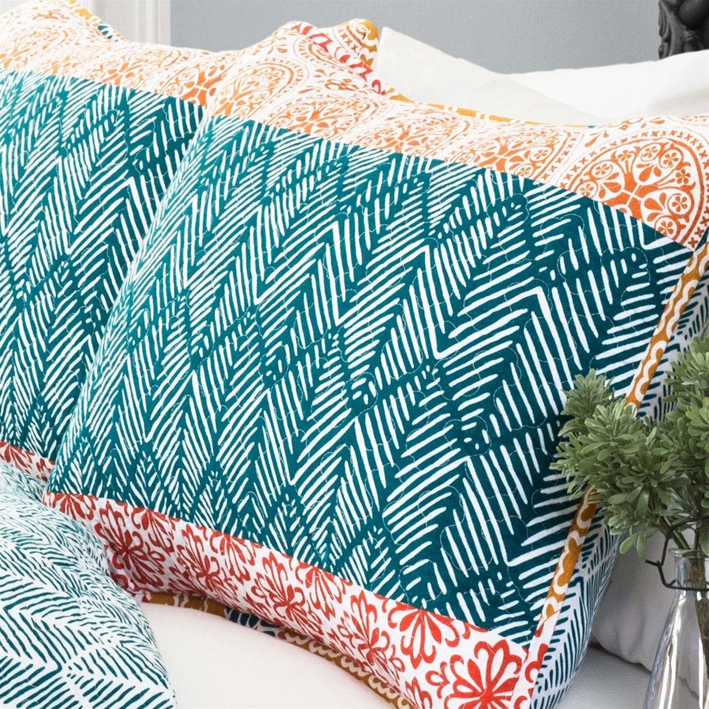 Full/Queen size Cotton 3 Piece Reversible Teal Orange Bohemian Stripe Quilt Set - - Bedroom > Quilts & Blankets