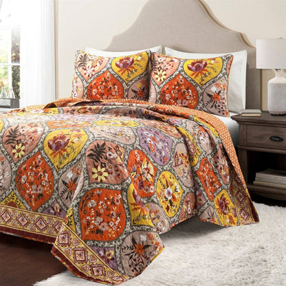 Full/Queen Boho Floral Lightweight Cotton Orange Mauve 3-Piece Quilt Set - - Bedroom > Quilts & Blankets
