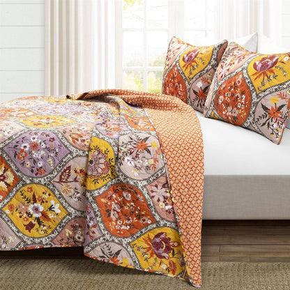 Full/Queen Boho Floral Lightweight Cotton Orange Mauve 3-Piece Quilt Set - - Bedroom > Quilts & Blankets