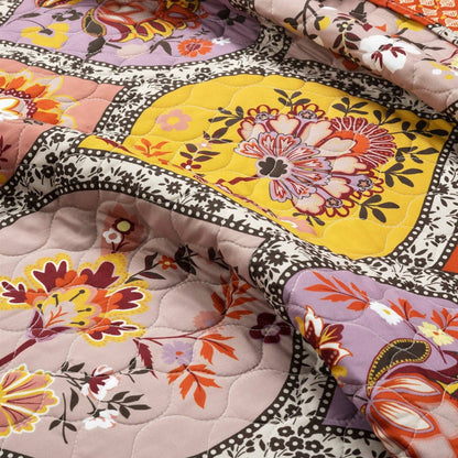 Full/Queen Boho Floral Lightweight Cotton Orange Mauve 3-Piece Quilt Set - - Bedroom > Quilts & Blankets