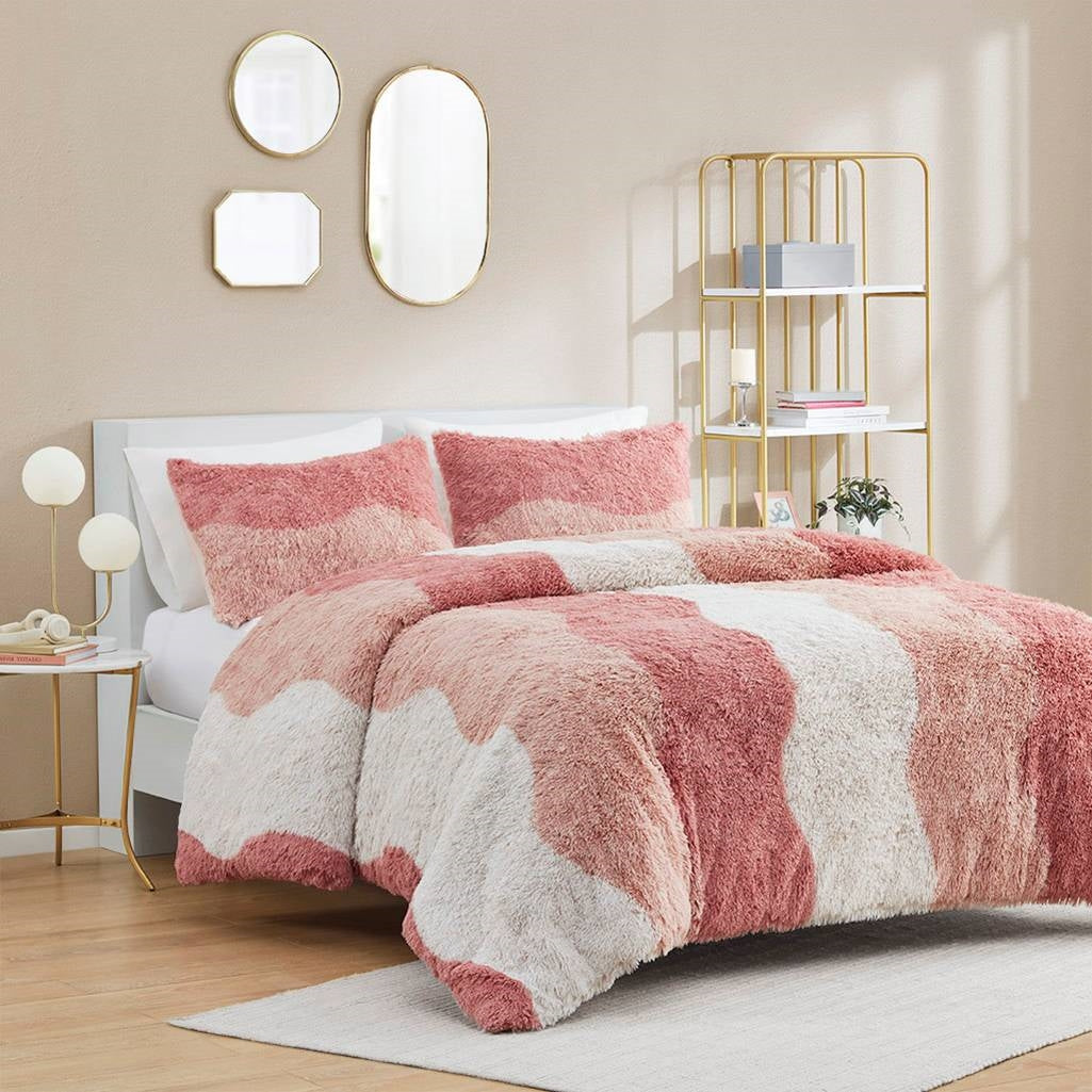 Full/Queen Pink Blush White Reversible Soft Sherpa Faux Fur 3-PC Comforter Set - - Bedroom > Comforters and Sets