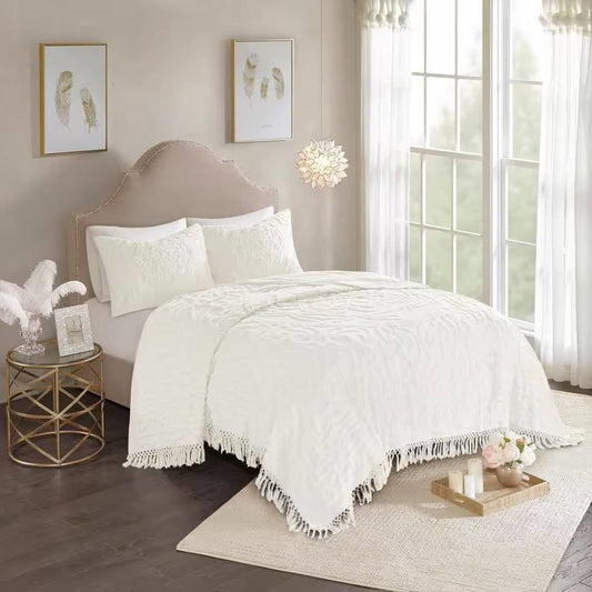 Full/Queen 100-Percent Cotton Chenille Bedspread with Fringe Hem in Off-White - - Bedroom > Bedspreads