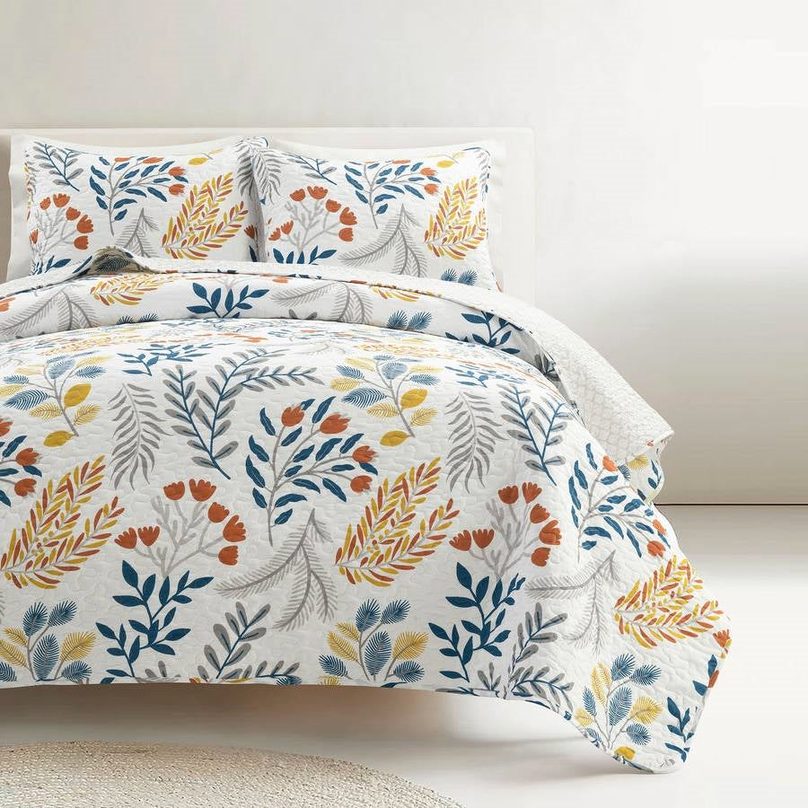 Full/Queen Botanical Bohemian Floral Lightweight 3 Piece Quilt Set - - Bedroom > Quilts & Blankets