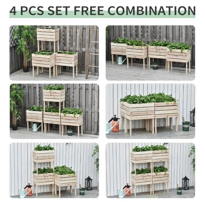 Farmhouse 4 Piece Wooden Elevated Raised Garden Bed Planter Box - - Outdoor > Gardening > Planters