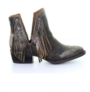 Fringe Ankle Boots with Studs and Chunky Heel - Black 36 - boots