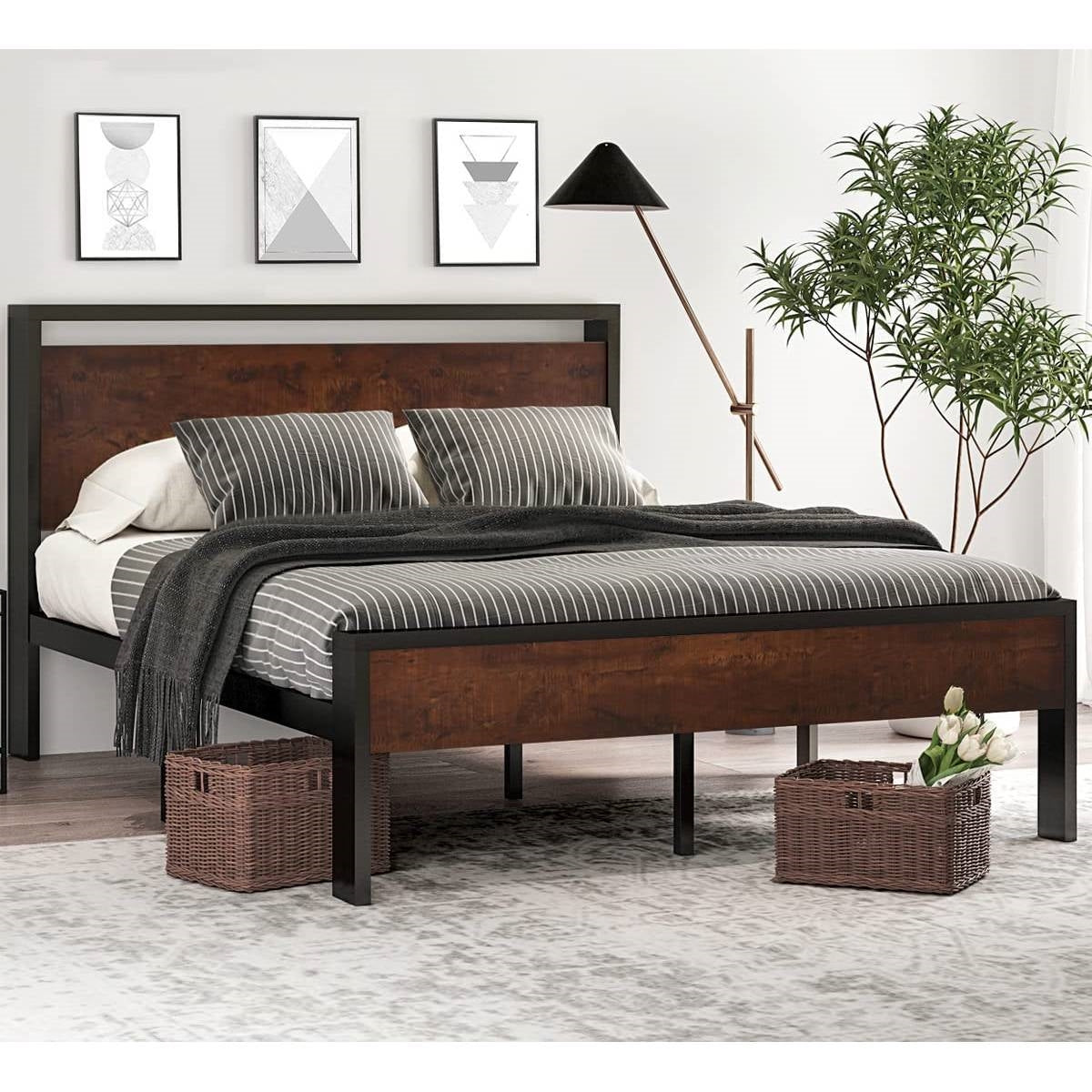 Full Metal Platform Bed Frame with Mahogany Wood Panel Headboard Footboard - - Bedroom > Bed Frames > Platform Beds