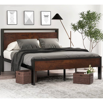 Full Metal Platform Bed Frame with Mahogany Wood Panel Headboard Footboard - - Bedroom > Bed Frames > Platform Beds