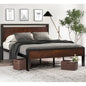 Full Metal Platform Bed Frame with Mahogany Wood Panel Headboard Footboard - - Bedroom > Bed Frames > Platform Beds