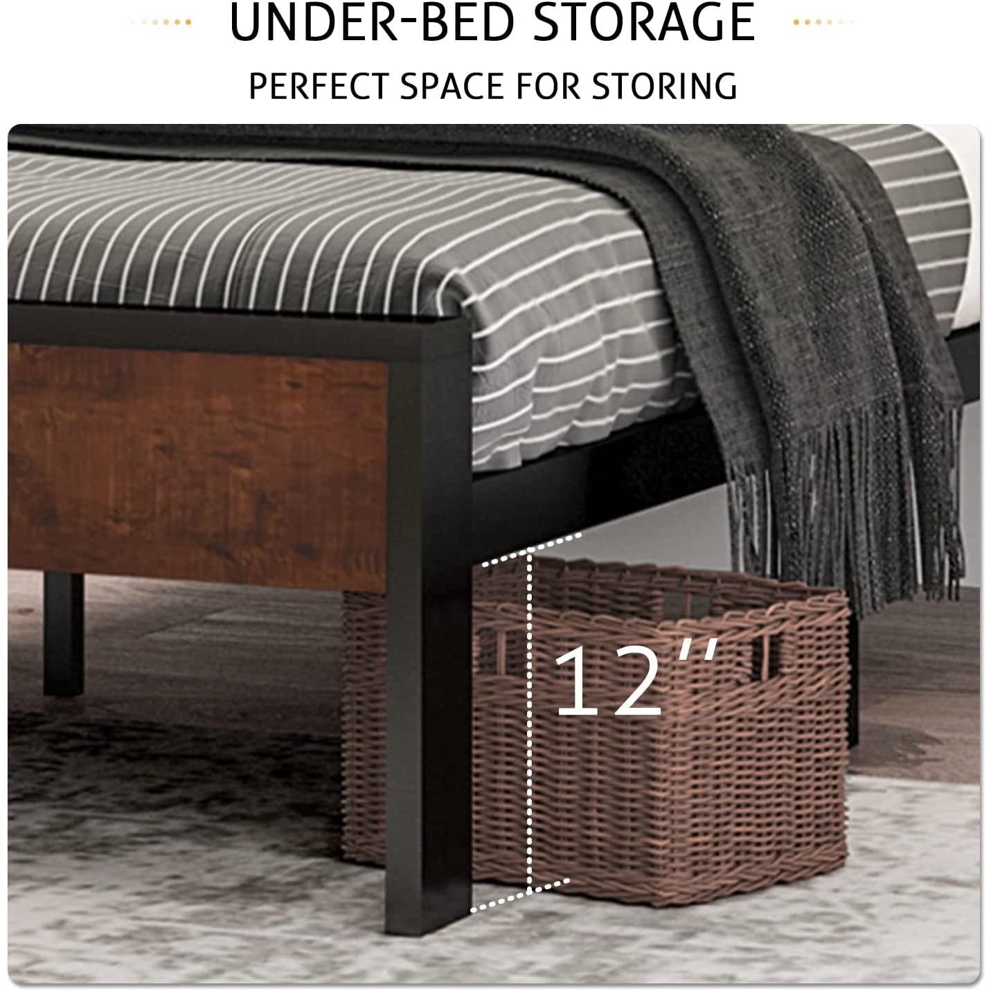 Full Metal Platform Bed Frame with Mahogany Wood Panel Headboard Footboard - - Bedroom > Bed Frames > Platform Beds