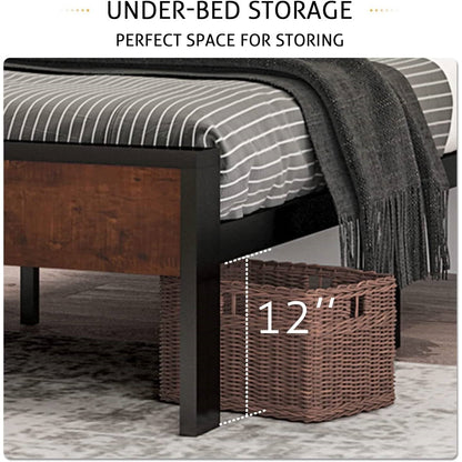 Full Metal Platform Bed Frame with Mahogany Wood Panel Headboard Footboard - - Bedroom > Bed Frames > Platform Beds