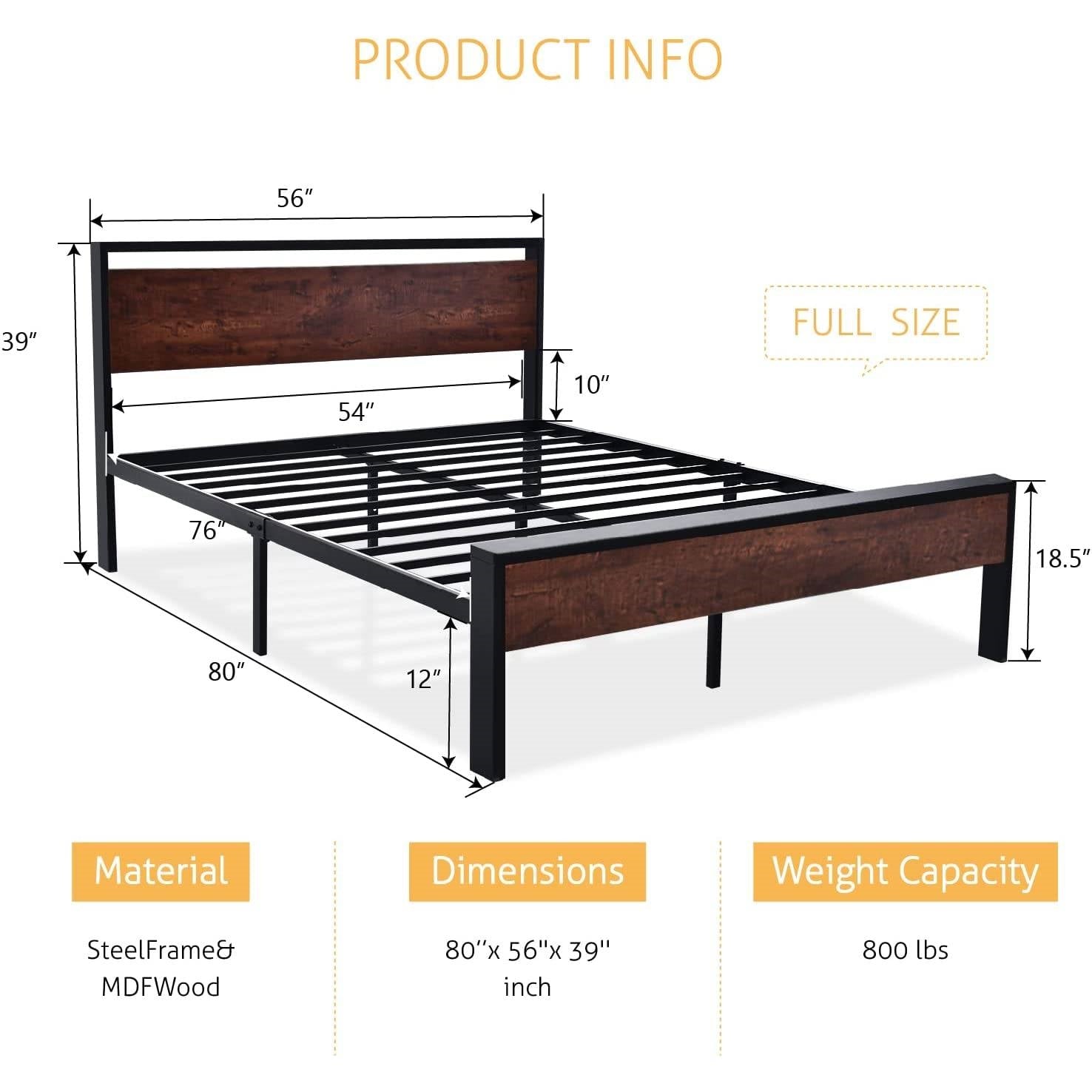 Full Metal Platform Bed Frame with Mahogany Wood Panel Headboard Footboard - - Bedroom > Bed Frames > Platform Beds