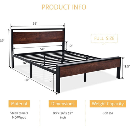 Full Metal Platform Bed Frame with Mahogany Wood Panel Headboard Footboard - - Bedroom > Bed Frames > Platform Beds