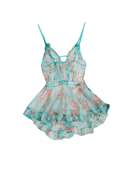 Womens Babydoll Floral Mesh Ruffle Chemise Nightgown Blue Medium
