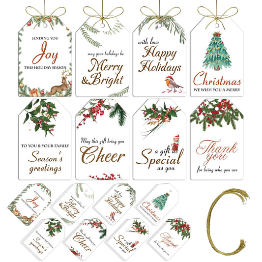 AuroTrends Christmas Gift Tags with String 48Pcs Name Tags for Christmas Presents -Quality Christmas Tags with Holes& Pre-Cut Strings (8 Styles 48 Pcs) Kia Day Design