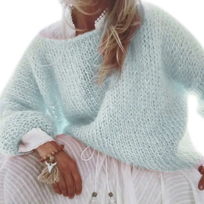 Womens Chunky Knitted Fluffy Pullover Tops Light Blue Small