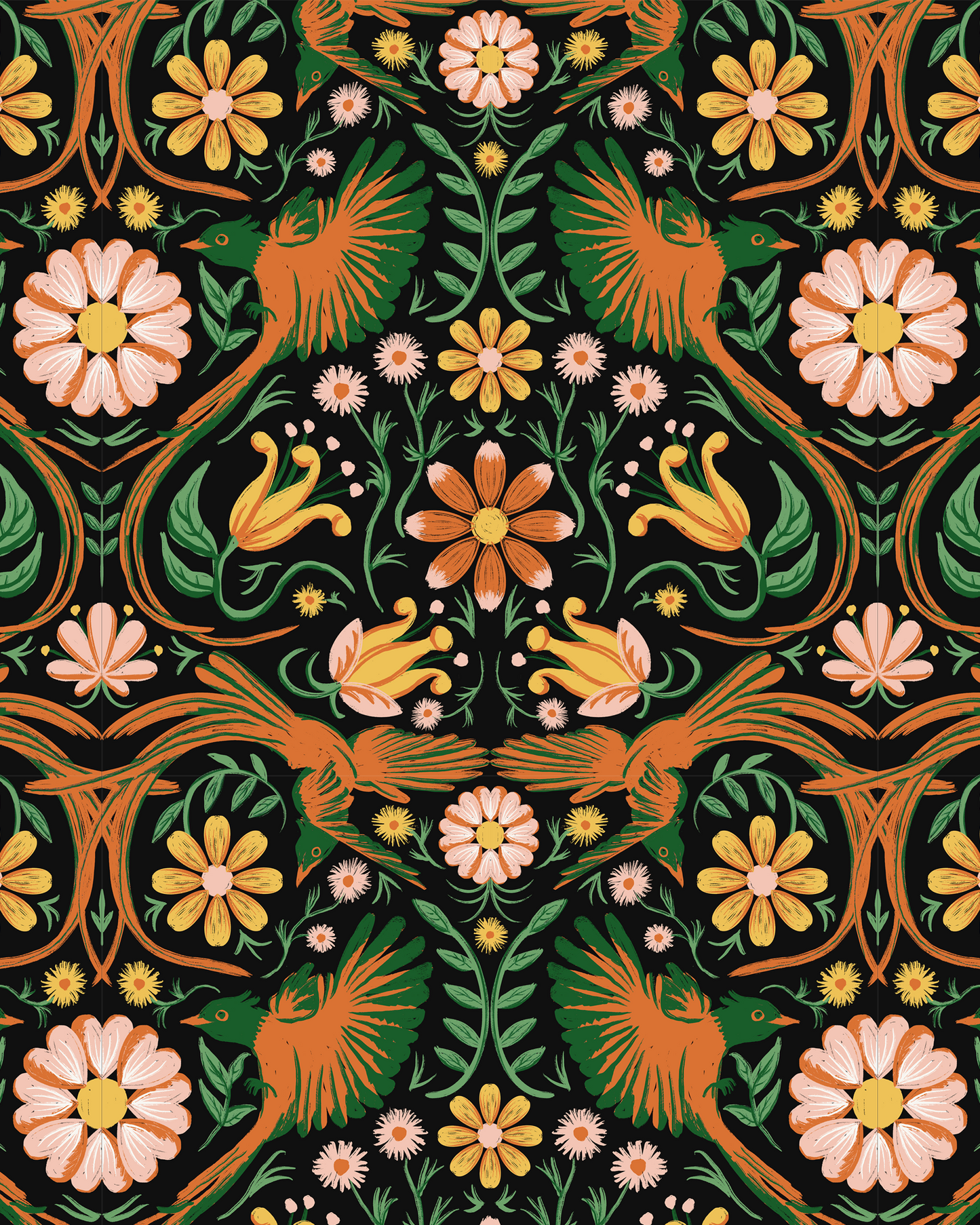 Folkie Birdie Wallpaper, black, orange and green- Samantha Santana Creative- {{Product type}}