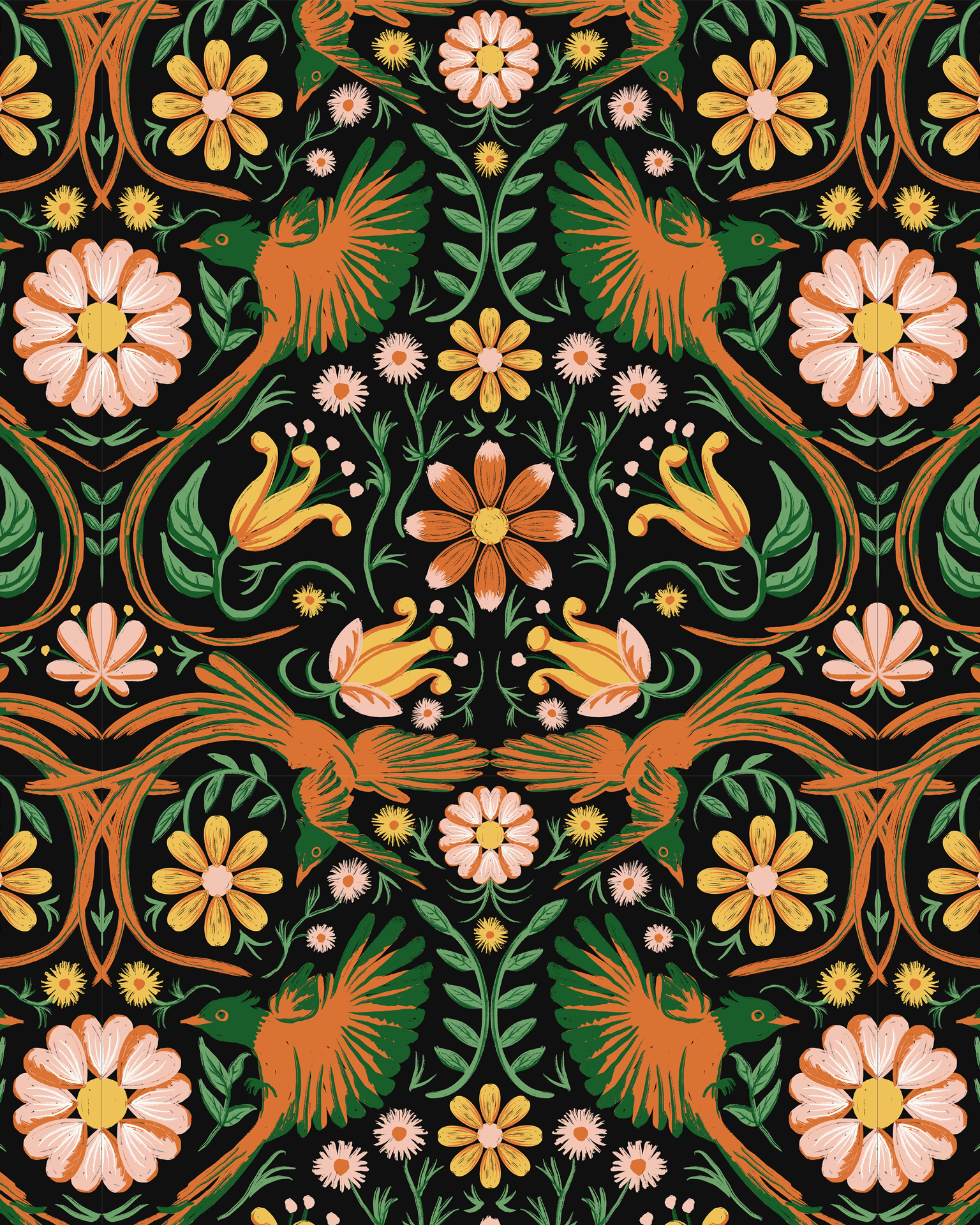 Folkie Birdie Wallpaper, black, orange and green- Samantha Santana Creative- {{Product type}}